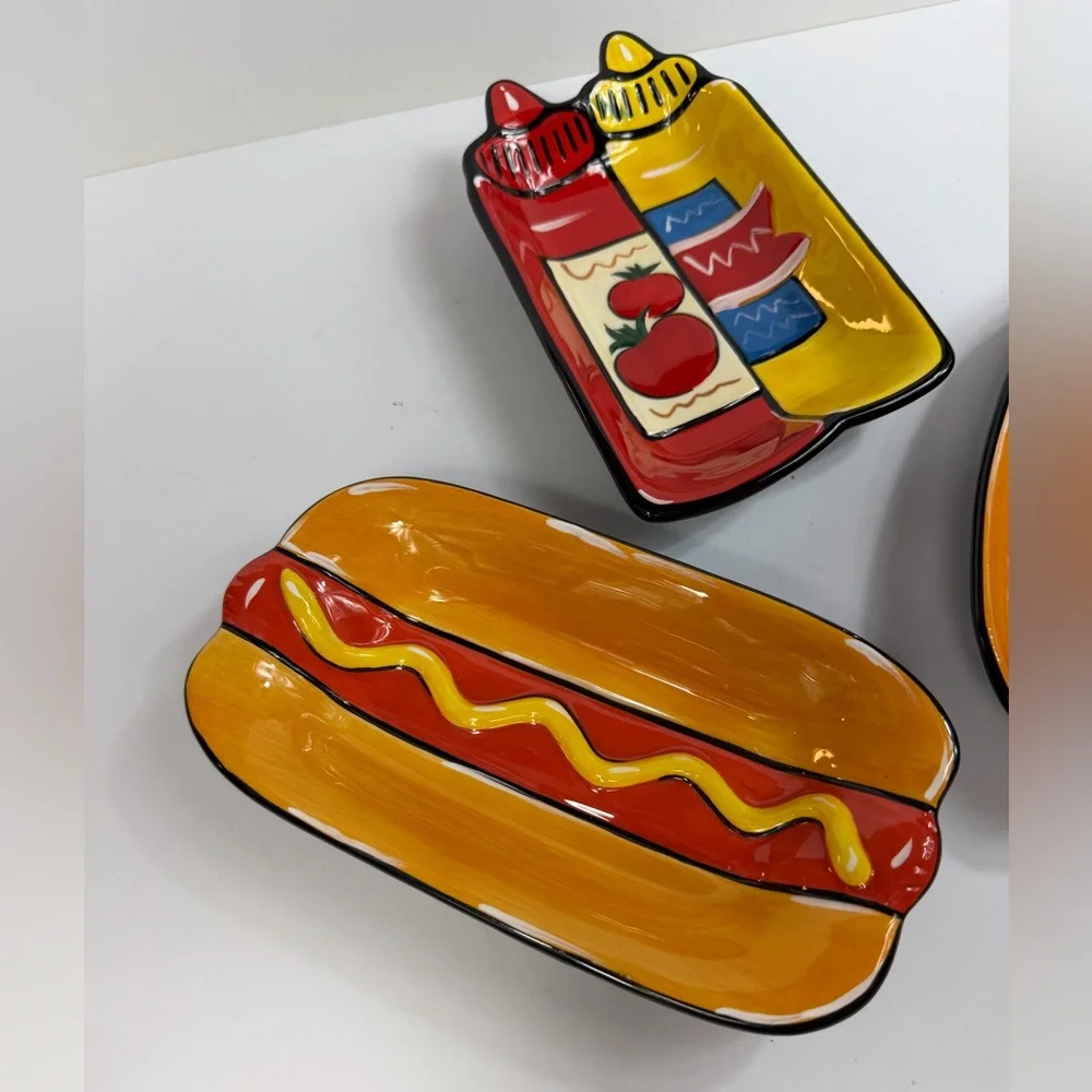 2007 Clay Art Grill Time Ceramic Hand Painted Colorful Hot Dog Condiment Plates